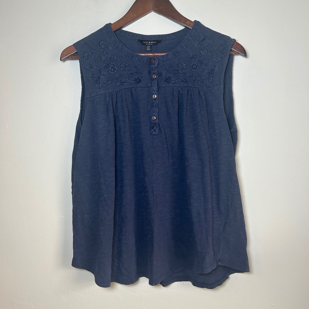 Lucky Brand Henley Tank Top Women Large Blue Embroidered Slub Cotton Sleeveless